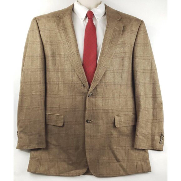 Jos A Bank Blazer Sport Coat Mens 44L Brown Silk Wool Lined Casual Notch Lapel